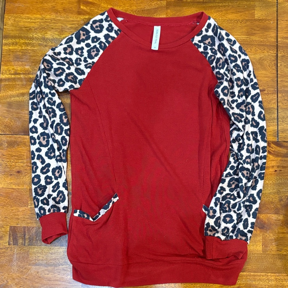 Tickled Teal Red Leopard Sleeve Top